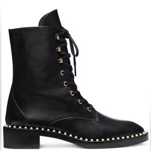 Stuart Weitzman Sondra Women’s Black Studded Pearl Leather Lace-Up Ankle Boots 5